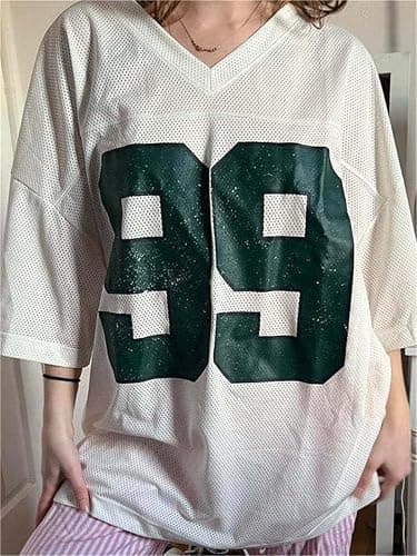 Oversized Jersey Shirts for Women Y2k Number Graphic Print V Neck Short Sleeve Aesthetic Summer T-Shirt Streetwear thumbnail 5