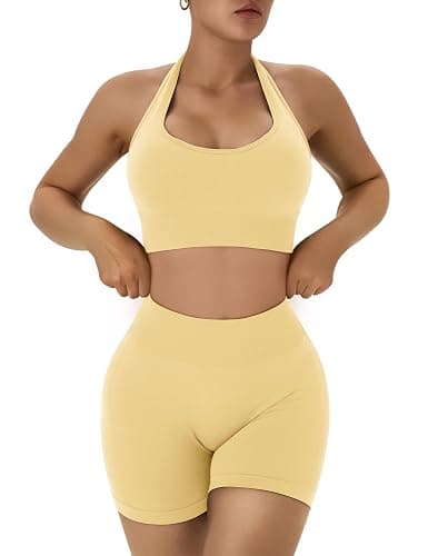OLCHEE Workout Sets for Women 2 Piece Backless Halter Sports Bra High Waist Booty Shorts Yoga Gym Outfits Lounge Activewear thumbnail 4