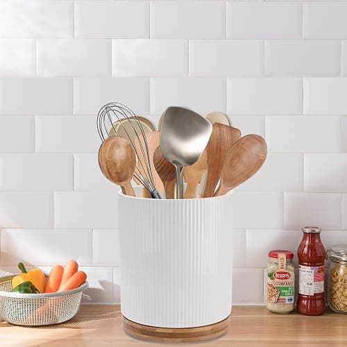 QUELIEN 360° Rotating Kitchen Utensil Holder for Countertop, Large Ceramic Utensil Crock Organizer with Non-Scratch Cork Base, Farmhouse White Cookware Storage Jar, Ideal Housewarming Gift thumbnail 6
