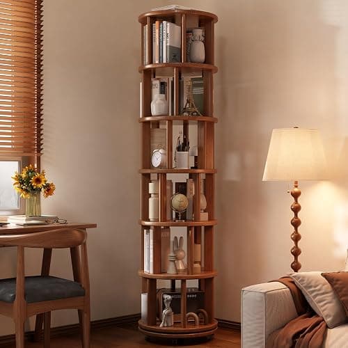 Muwuele 6 Tier Rotating Bookshelf Tower, Solid Wood Bookshelf on Wheels, Circular Book Shelf Rotating, Revolving Bookcase for Small Spaces, Corner Book Case, Spinning Book Shelf for Bedroom, Walnut thumbnail 9