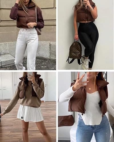 Shiyifa Women's Fashion High Neck Zipper Cropped Puffer Vest Jacket Coat thumbnail 5