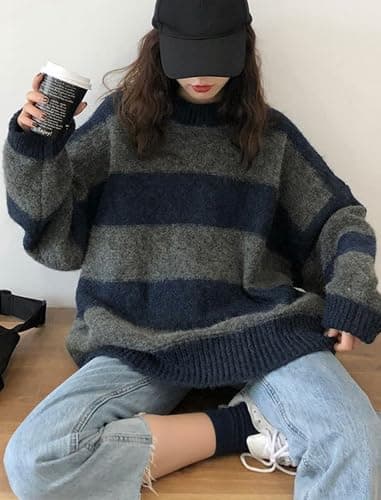 EMMIOL Women's Oversized Striped Sweaters 2025 Fall Trendy Long Sleeve Knit Outfits Crewneck Fashion Pullover Tops thumbnail 4
