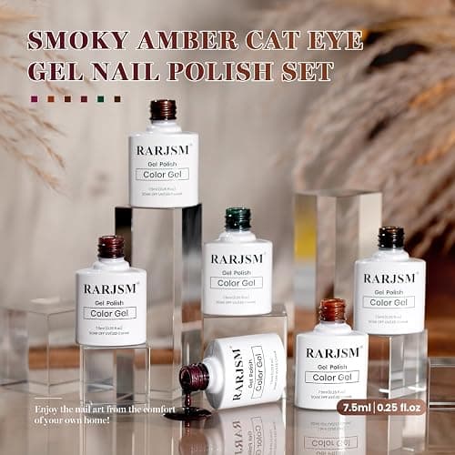 RARJSM Cat Eye Gel Nail Polish Set 6Pcs Dark Amber Ceramics Glitter Plum Purple Orange Brown Burgundy Red Deep Olive Green Jelly Glassy Cateye Gel Polish with Magnetic Stick Curing Require Home Salon thumbnail 6