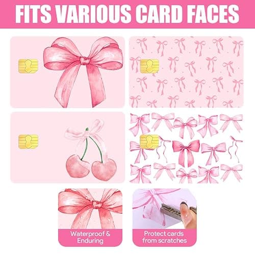 UzYlquw 4PCS Credit Card Sticker Cover Set, Credit Card Skin for Debit Cards, Cute Bow Elegant Waterproof PVC Anti-Wrinkling ID Cover Anti-wrinkling for Transportation Key Fun Gift Idea for (Pink) thumbnail 5