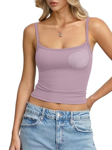 EasyGala Womens Built in Shelf Bra Tank Top Padded Spaghetti Strap Camisole | Buttery Soft, Tight Fitted, Crop Tops, Square Neck, Cami Shirts, Sleeveless, Camisole, Trendy, Workout, Going Out Outfits - Image 1