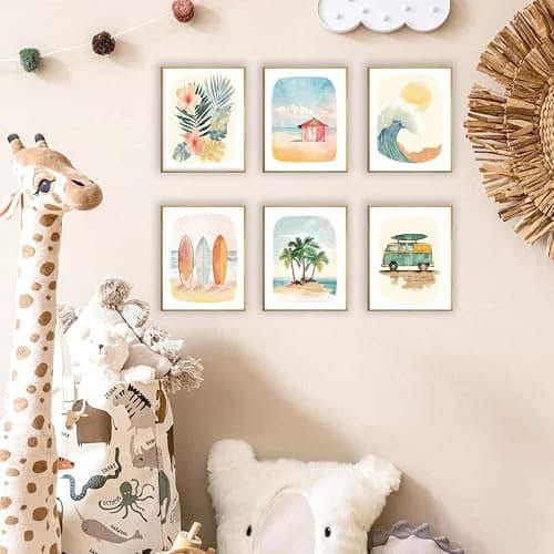 Beach Nursery Poster, Set of 6 Ocean Kids Wall Art Watercolor Summer Surf Wall Decor Beachy Boys Room Decor Funny Teen Coastal Surfboard Canvas Prints Aesthetic Unframed 8x10 inch thumbnail 4