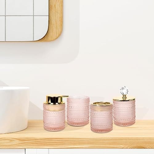 FEILANDUO Bathroom Accessories Set,4Pcs Glass Bathroom Accessories,Vanity Bathroom Decor, Soap Dispenser, Toothbrush Holder Set, Apothecary Jar, Gift for Home Apartment (Pink) thumbnail 2