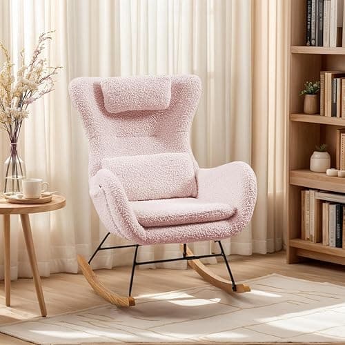 Nursery Rocking Chair, Upholstered Glider Rocker Nursery Rocking Accent Vanity Chair, Recliner Armchair with Side Pocket, Comfy Side Living Room Chairs, Rocker Glider for Bedroom Nursing Room (Pink) - Pink