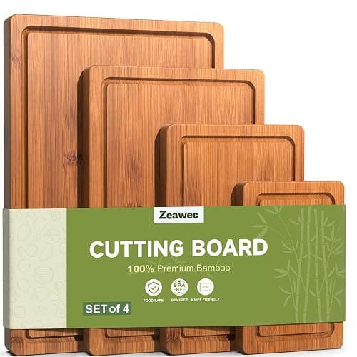 Zeawec 4-Piece Set Bamboo Cutting Board for Kitchen - Crack-Resistant Wood Chopping Boards with Deep Juice Grooves, Pre-Oiled Butcher Block for Meat, Vegetables & Cheese, Carbonized - Image 1