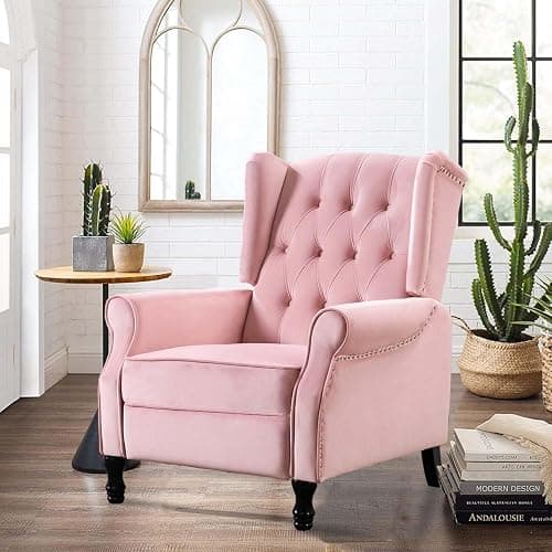 Altrobene Velvet Accent Chair, Push Back Recliner Chair, Wingback Arm Chair for Living Room/Bedroom/Home Theater/Reception Area, Pink thumbnail 3