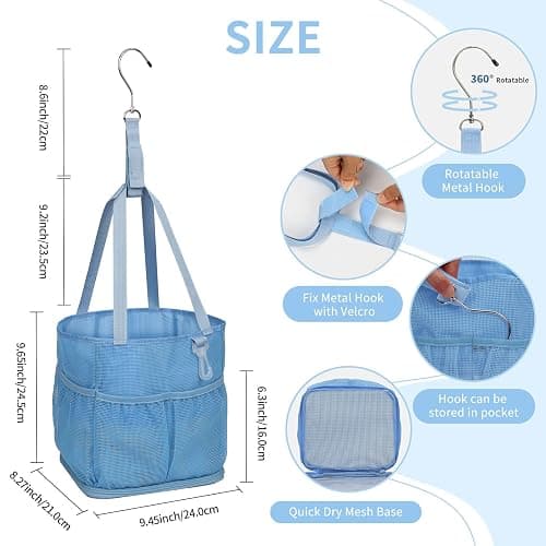Mesh Shower Caddy Portable for College Dorm Room Essentials, Shower Tote Bag with Hanging Hook and Drawstring, Quick Dry Toiletry Bag with 6 Pockets for Bathroom, Swimming, Gym, Camping, Beach, Travel - Blue thumbnail 2