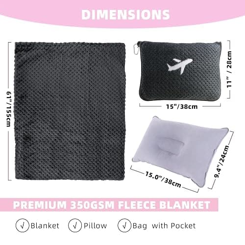 Nenolix 3 in 1 Travel Blanket Pillow Set - 350 GSM Thick Travel Blanket Airplane Compact with Bag, Soft Bag with a Pocket, Inflatable Travel Pillow for Camping & Car Trip (Dark Grey) thumbnail 2