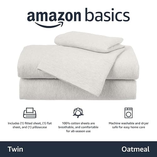 Amazon Basics 3 Piece Bed Sheet Set, 100% Cotton Jersey, Includes Super Soft, Flat and Fitted Sheets, Pillowcase, Twin, Oatmeal, Solid thumbnail 2