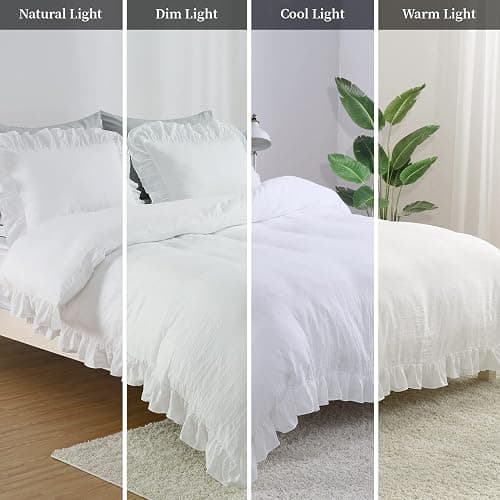 CAROMIO White Ruffle Duvet Cover Queen Size, 3PCS Soft Washed Microfiber Vintage French Country Duvet Cover Set for Queen Bed, White, 90x90 in thumbnail 7