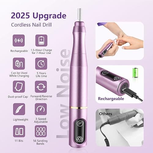 TUOBEO Cordless Nail Drill Electric Nail File Kit Rechargeable Professional Efile Nail Set, Portable Acrylic Gel Nail Polish Remover Machine Pedicure Manicure Tool, 11 Bits 56 Sanding Bands Salon Home - Purple thumbnail 4