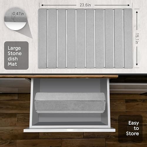 Large Stone Dish Drying Mats for Kitchen Counter, 24"(L)×16"(W) Collapsible Quick Dry Dish Drying Mat, Eco-Friendly Absorbent Diatomaceous Earth Mat for Dishes Bottles Cups, Match Any Countertop - Classic thumbnail 2
