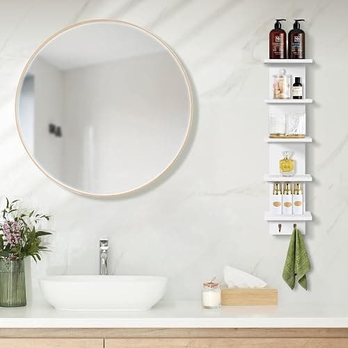 Sorbus 5-Tier Floating Wall Shelf with Hooks, 31 Inch (2 Pack, White) | Vertical five-level utility organization for kitchens, bedrooms and bathrooms; holds towels and mounted essentials. thumbnail 7