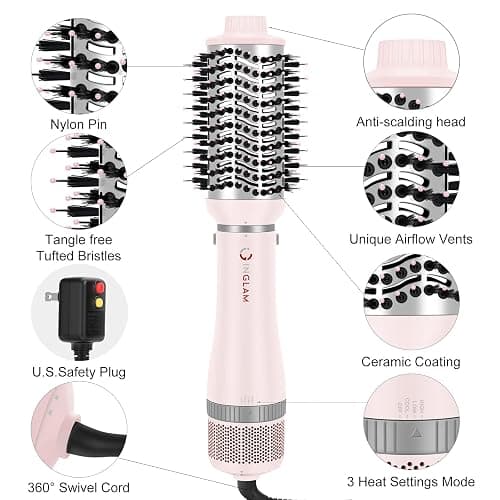 IG INGLAM 4 in 1 Blowout Hair Dryer Brush Set - Negative Ion Detachable Hair Dryer, Volumizer Styler with 2 Brush Heads, Pink thumbnail 7