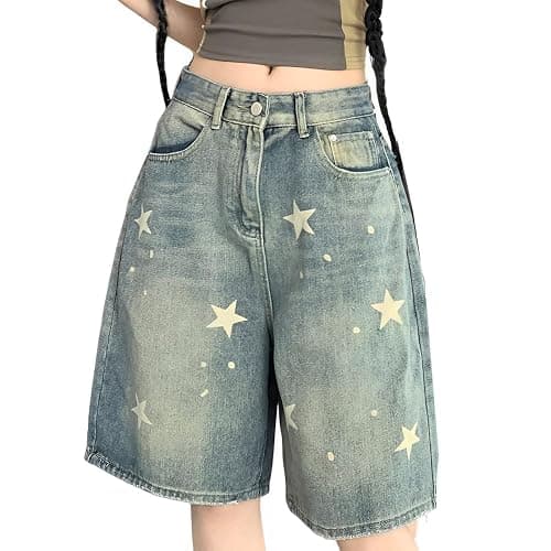 RILGOU High Rise Wide Leg Star Print Jean Bermuda Shorts - Image 1
