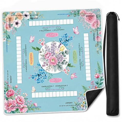 Chonwul Blue Mahjong Mat for Table with Rules, 31.5" x 31.5", Anti-Slip | Neoprene Rubber Game Mat with Carrying Bag; Chinoiserie Mah Jong Table Cover for Board, Poker, Card Games and Gifts for Women - Image 1