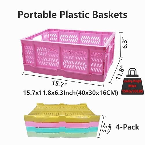 PTEREIW 20L Folding Crate, 4Pack Plastic Storage Baskets Organizer and Milk Crates,Collapsible Storage Crates for Home Office and Outdoor Organizer.(Pink) thumbnail 3