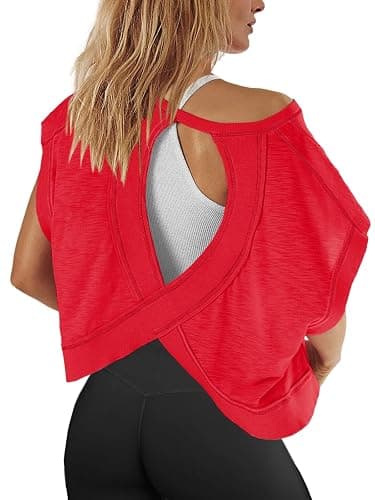 Panadila Womens Open Back Workout Top Oversized Workout T Shirts Backless Athletic Shirt Short Sleeve Baby Tee - Image 1