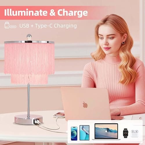 Lovlast Pink Lamp for Girls Room, Fringe Touch Table Lamp for Teens Room | Girly Tassel Lamp with 3-Way Dimmable for Nightstand, Bedside Touch Lamp with USB C+A Ports for Dorm, Dresser, Bulb Included thumbnail 3