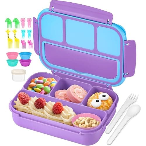 QQKO Bento Lunch Box for Kids Girls Boys, Toddler Kids Lunch Boxes for School, Lunch Containers for Adults with 4 Compartments, Sauce Container, Utensils, Food Picks and Muffin Cups, Purple - Image 1