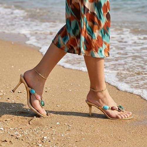 Oakmoo Women's Jeweled Thong Strappy Sandal Summer Mules Kitten Heels Flip Flop Round Open Toe Mid Heels Fashion Wedding Party Dress Thong Casual Shoes thumbnail 2