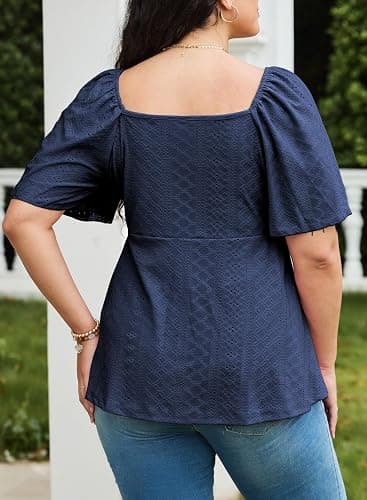 Eytino Womens Plus Size Tops Sweetheart Neck Short Sleeve Eyelet Embroidery Summer Loose Peplum Shirts(1X-5X) thumbnail 2