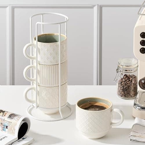 JIEMEI HOME Large Ceramic Coffee Mug Set of 4 with Stand, 15 Oz Stackable Different Embossment Ribbed Latte Cup Set for Cappuccino, Tea, Hot Cocoa, Drinks - Dishwasher & Microwave Safe, White & Green thumbnail 8