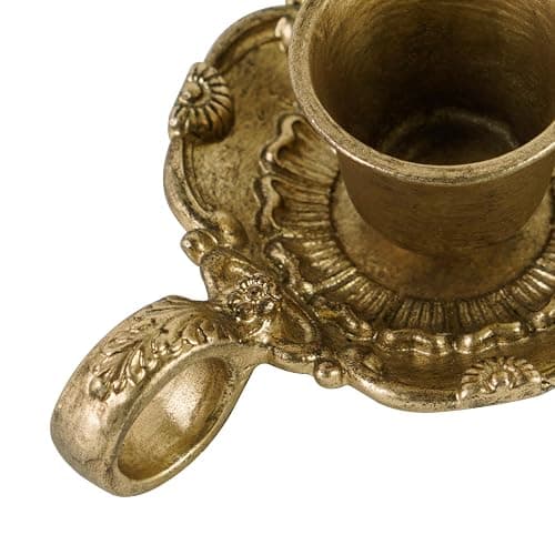 NIKKY HOME Vintage Gold Taper Candle Holders Set of 2, Handle & Drip Tray | Small Metal Candlestick, Embossed Ornamentation, Old‑Fashioned Accent for Table Centerpieces, Weddings & Housewarming Display thumbnail 6
