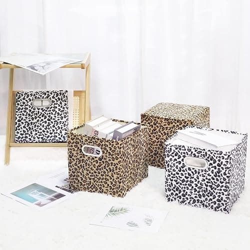 ANMINY 2PCS Storage Cubes Leopard Cheetah Print Velvet Fabric Storage Bins for Shelves, Collapsible Washable Closet Storage Baskets Boxes with Handles for Organizing and Storage -Brown, 11"x 11"x 11" thumbnail 7