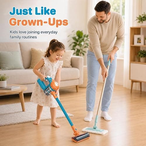 BAYMI 3-in-1 Kids Vacuum that Really Works - Toddler Vacuum Cleaner with Real Suction, Pretend Play Housekeeping & Cleaning Toy Set for Kids Ages 3+ (Blue) thumbnail 4