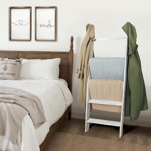 Honest Blanket Ladders for The Living Room, 5-Tier Blanket Holder, Wall-Leaning Blanket Rack, Ladder Shelves, Wooden Quilt Ladder, Farmhouse Decor, White thumbnail 6