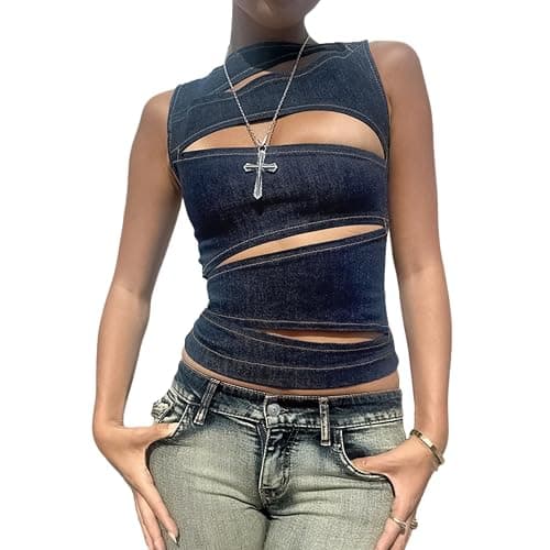 MINGSEECESS Women Sexy Irregular Hollow Out Cutting Denim Crop Tank Top Sleeveless Back Zipper Vest Clubwear - Image 1
