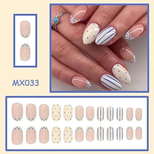 White French Tip Press on Nails Short Almond Fake Nails witn Blue Polka Dot Stripe Design Spring Summer False Nails Press ons Glossy Full Cover Glue on Nails for Women Girls Manicure Decorations thumbnail 2