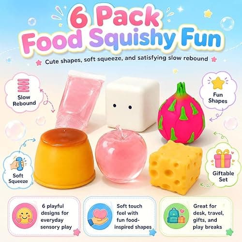 6 Pack Cheese Squishy Sugar Box Crunchy Fun Giant Set Coconut Oil Toy Slow Rising Squeezy Sand Filled Gel-Filled with Beads Stress of Food Shaped Sets Dragon Apple Toothpaste Seal Tofu thumbnail 6