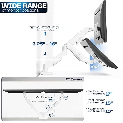 VIVO Dual Monitor up to 32 inches and 19.8 lbs per Screen, Mechanical Arm Desk Mount, Articulating Counterbalance, VESA Stand, Classic, White STAND-V002OW thumbnail 4