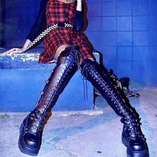 Gothniero Black Platform Boots Over Knee Thigh High Goth Boots for Women Chunky Heel Rave Motorcycle Boots with Buckles Side Zip Lace Boots Size5.5-10 thumbnail 4