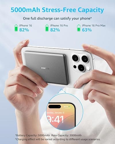 decqle “Air” Power Bank for MagSafe 5000mAh, Ultra Slim Magnetic Wireless Portable Battery Charger Case with USB-C Cable, Compatible with iPhone 17/16/15/14/13/12 Series Only (Grey) thumbnail 3