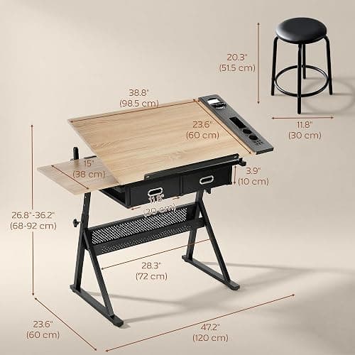 HOMCOM Adjustable Drafting Table, Art Desk Drawing Table Workstation with Stool and Storage Drawers for Painting, Multifunctional Writing Desk, Oak thumbnail 3