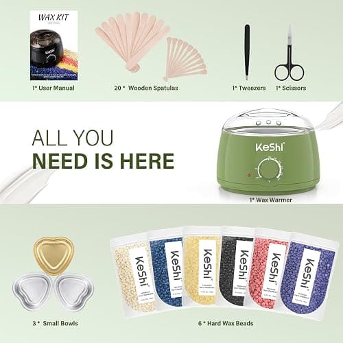 KeShi Waxing Kit for Women Men, Wax Pot with 6 Hard Wax Beans Hair Removal | Green Gentle for Sensitive Skin, Full Body, Legs, Face, Eyebrows, Bikini, Beginner-Friendly, Home Use, Natural Scented thumbnail 5