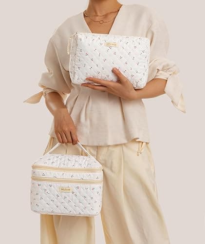 HBselect 2Pcs Travel Makeup Bag, Large Cotton Quilted Makeup Bag Cosmetic Bag Cute Make up Bag Toiletry Bags for Women Girls thumbnail 7