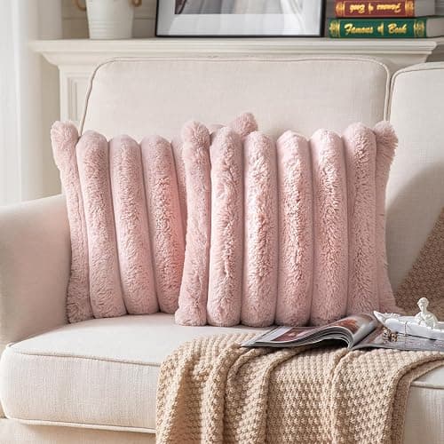 Joyouth Faux Fur Plush Throw Pillow Covers 18x18 Inch Set of 2 - Luxury Decorative Fuzzy Striped Soft Cozy Pillowcase for Couch, Sofa, Living Room - Pink - Image 1