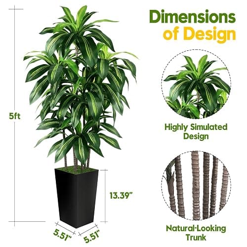 Artificial Dracaena Tree Indoor, 5FT Tall Fake Tree with Black Tall Planter, Artificial Trees Fake Yucca Potted Tree for Home Office Living Room Decor, Tall Artificial Plant for Housewarming thumbnail 3