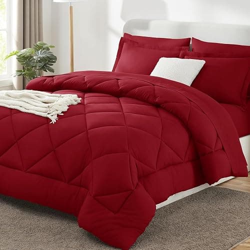 CozyLux Queen Comforter Set Dark Red - Bed in a Bag Queen Size 7 Pieces, Luxury Soft Bed Set for All Seasons, Bedding Set with Down Alternative Comforter, Sheets, Pillowcases & Shams - Image 1