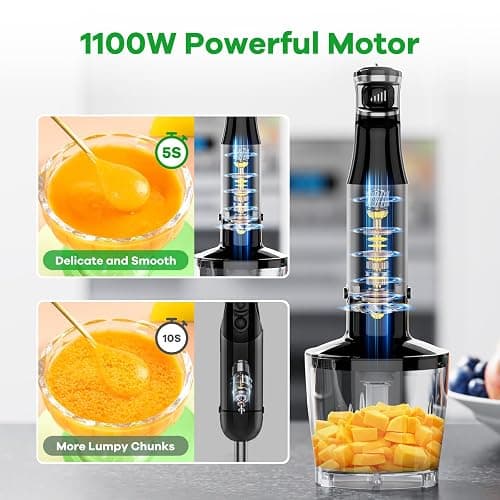 Immersion Blender Handheld Corded Hand Blenders Set 1100W, Trigger Variable Speed 5 in 1 Stick Emulsifier with Chopper, Whisk and Frother for Soup, Baby Food and Smoothies thumbnail 3