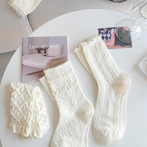 5 Pair Cute Beige Ruffle Frilly Rib Knit Crew Socks - Cottagecore Casual Ankle Coquette Kawaii Floral thumbnail 3