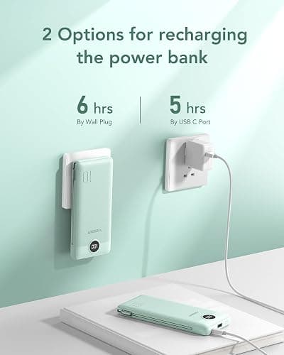 VEGER Portable Charger with Built-in AC Plug and Cables, All in One 10000mAh Ultra Slim Power Bank Travel Essentials, 15W Fast Charging Battery Pack Compatible with iPhone, Samsung, Android (Green) thumbnail 5